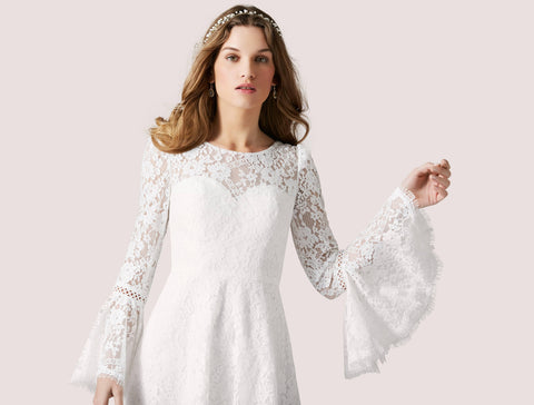 All Over Lace Boho Style Long Bell Sleeves Modest High Low Wedding Dress Bridal Gown Sample Size 4
