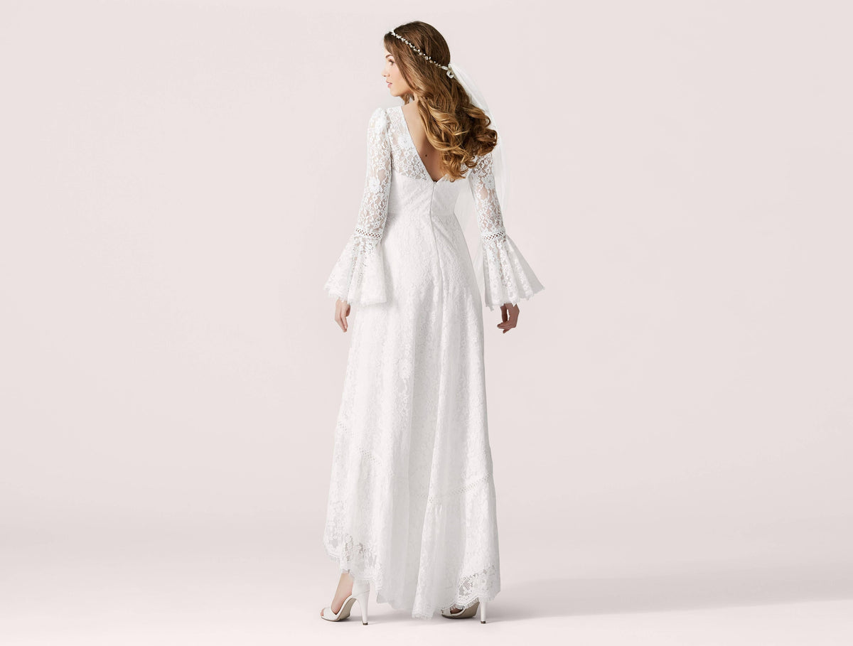 All Over Lace Boho Style Long Bell Sleeves Modest High Low Wedding Dress Bridal Gown Sample Size 4