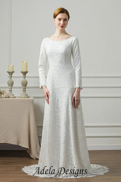 Modest Minimalist High Neckline Covered Back Boho All over Lace Long Sleeve Wedding Dress Bridal Gown Simple Aline LDS Temple Dress