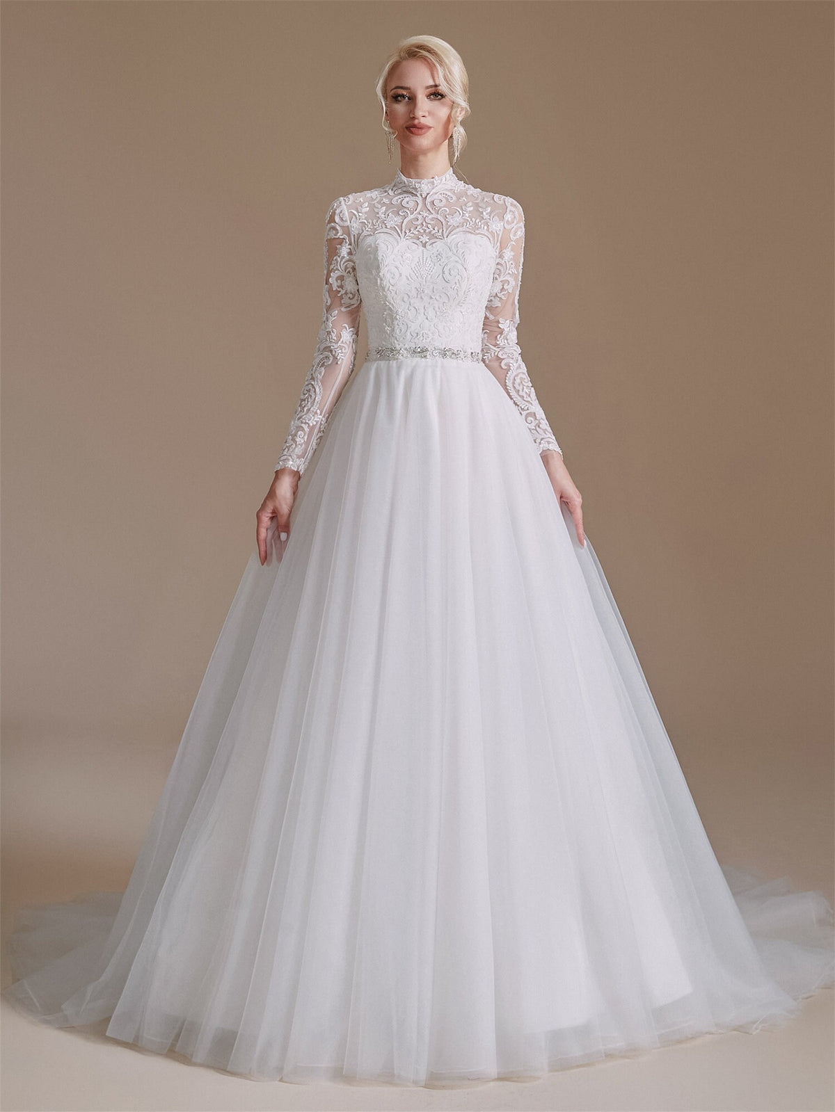 Long Sleeves High Neck Full A-Line Wedding Dress Bridal Gown Vintage Style with Tulle Train Buttons