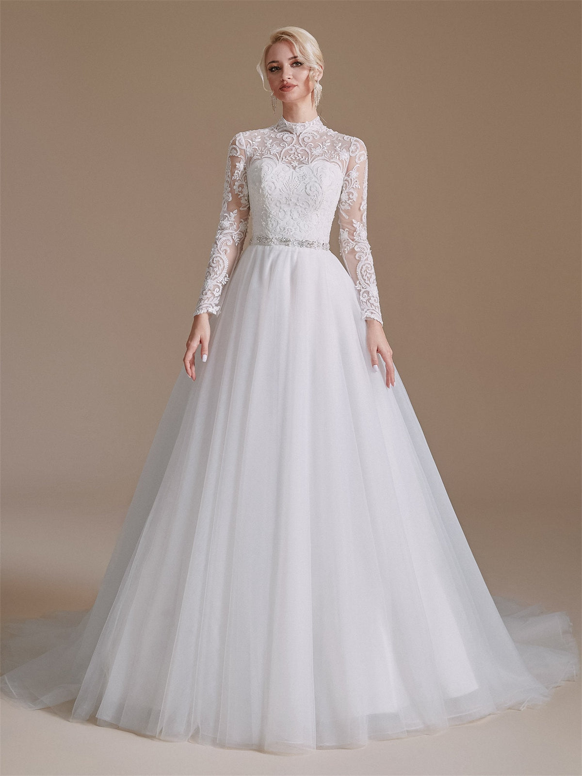 Long Sleeves High Neck Full A-Line Wedding Dress Bridal Gown Vintage Style with Tulle Train Buttons
