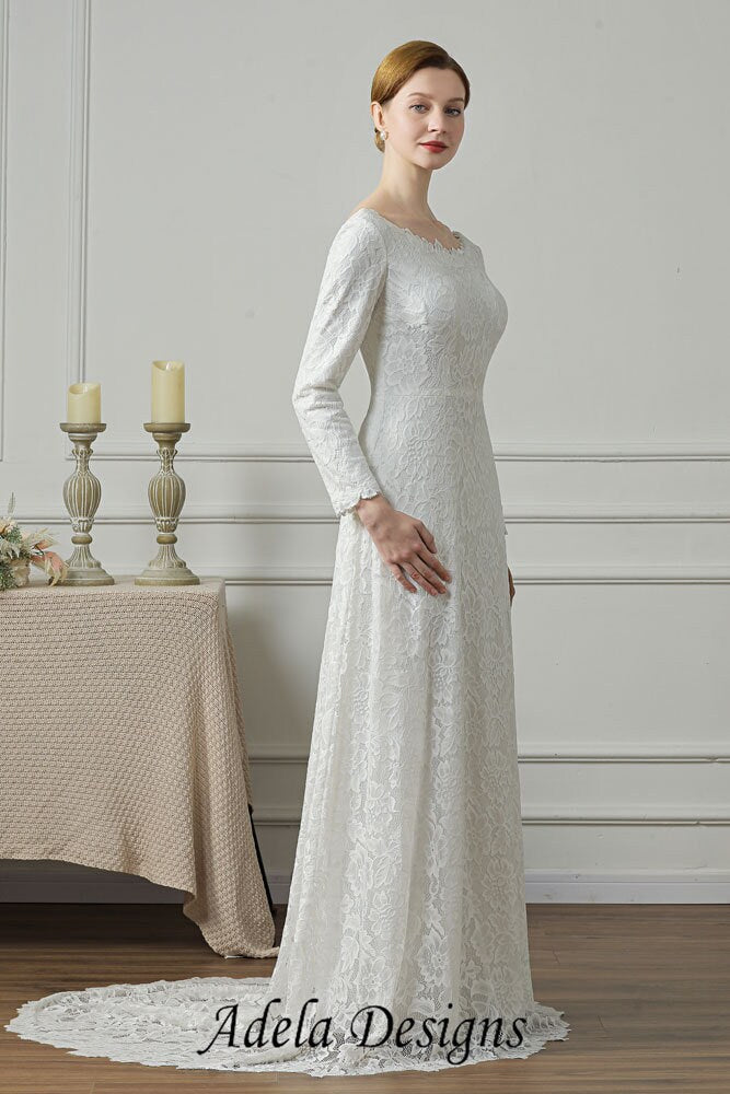 Modest Minimalist High Neckline Covered Back Boho All over Lace Long Sleeve Wedding Dress Bridal Gown Simple Aline LDS Temple Dress