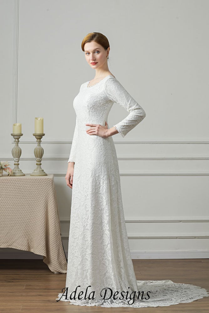 Modest Minimalist High Neckline Covered Back Boho All over Lace Long Sleeve Wedding Dress Bridal Gown Simple Aline LDS Temple Dress