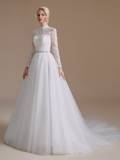 Long Sleeves High Neck Full A-Line Wedding Dress Bridal Gown Vintage Style with Tulle Train Buttons