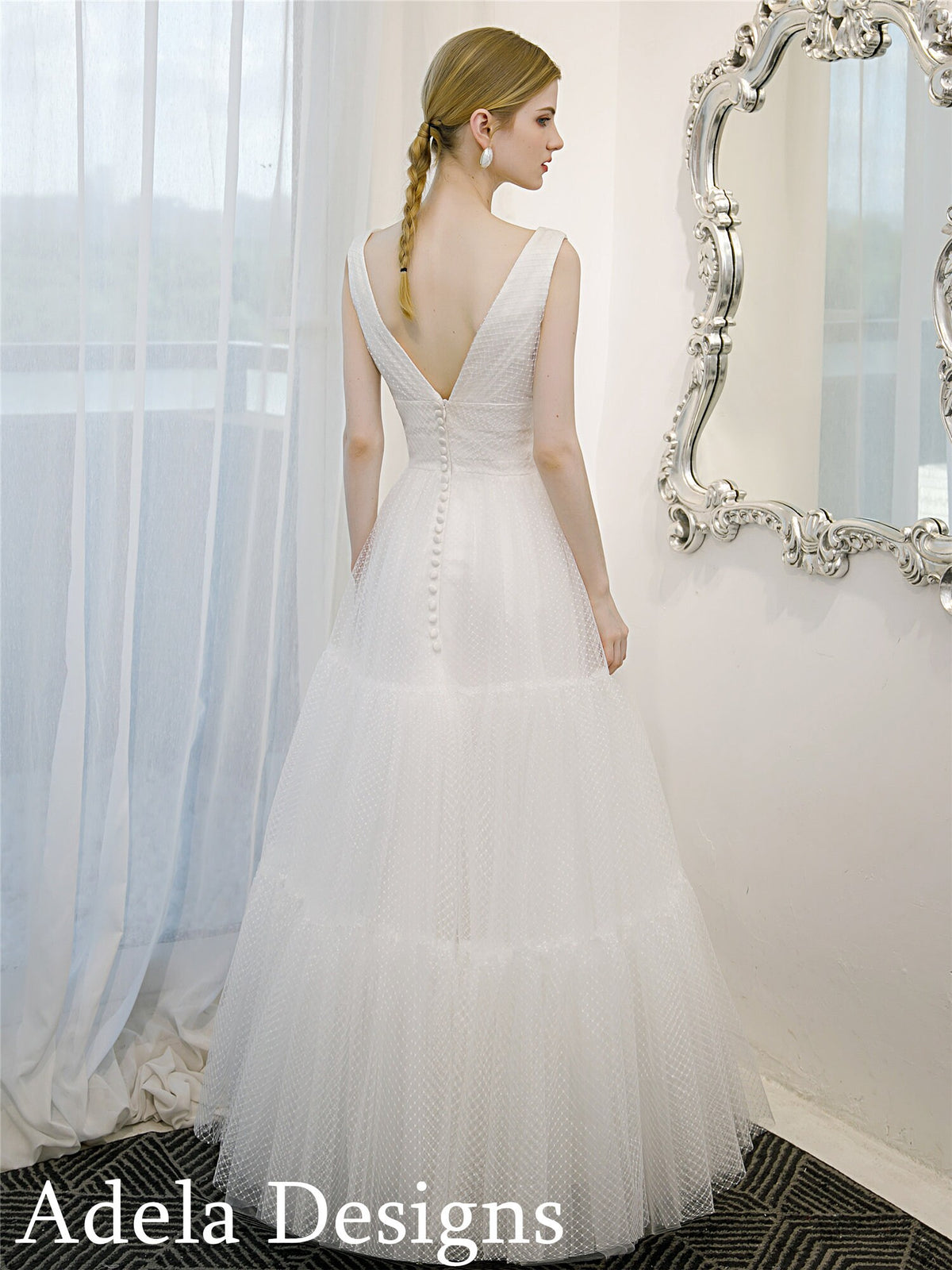 Vintage Boho Style Ankle Length Polka Dot Tulle Wedding Dress Bridal Gown Sleeveless Open Back V Neckline Aline