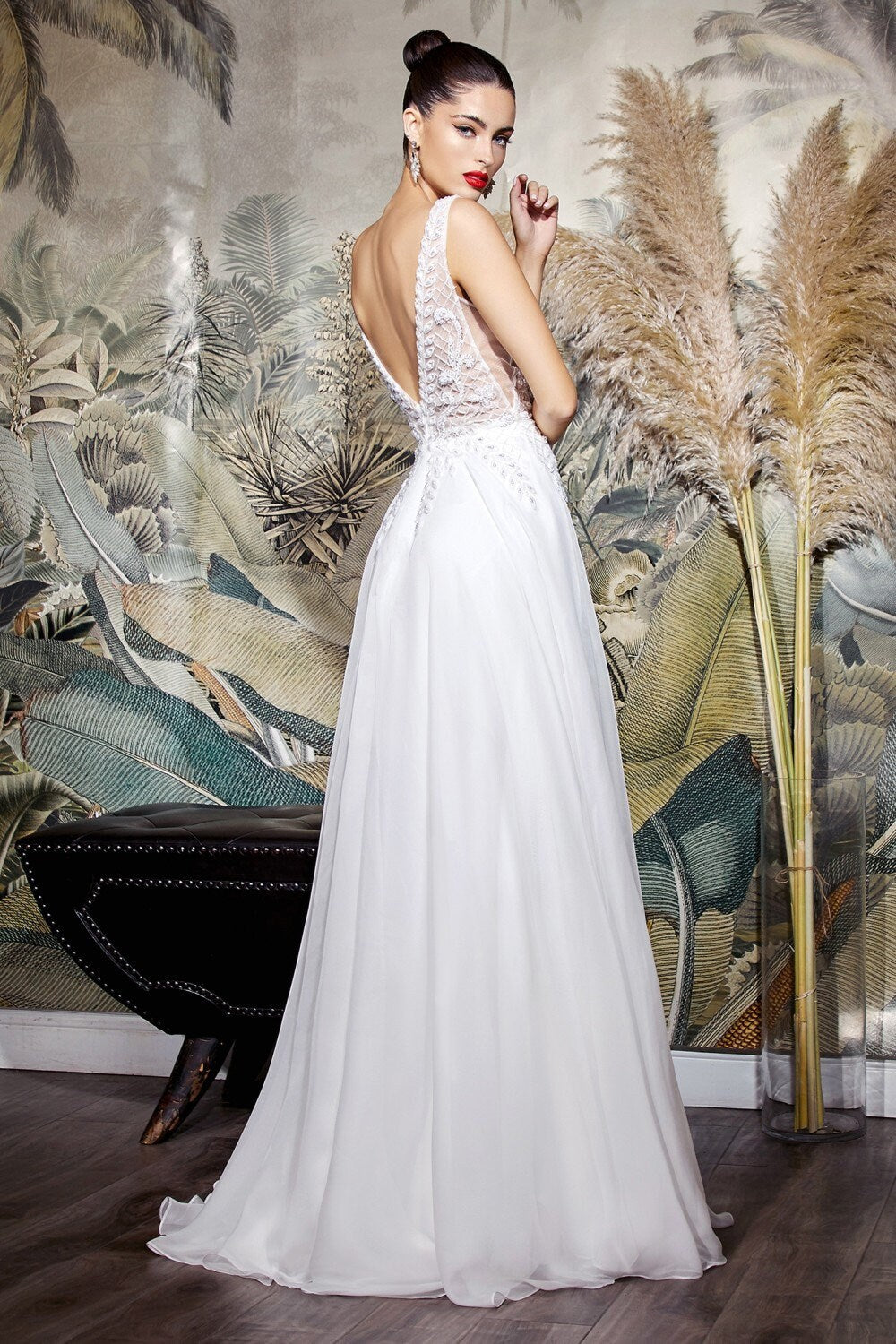 Denali Chiffon Semi-Sheer Bodice Aline Sleeveless V Neck Plunging Neckline Wedding Dress Bridal Gown Lace Bodice Thigh Side Slit Simple