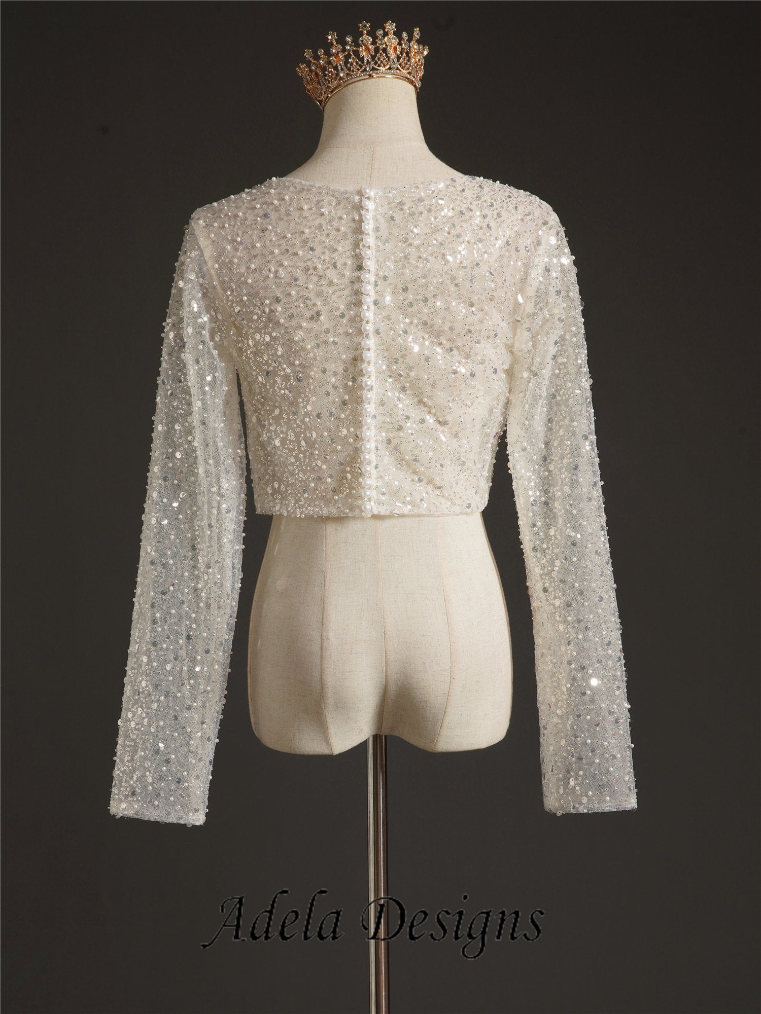 Sparkley Wedding or Bridal Top Bolero - Soft Illusion Ivory Tulle with Faux Pearl & Sequin Detail Long Sleeve Sheer