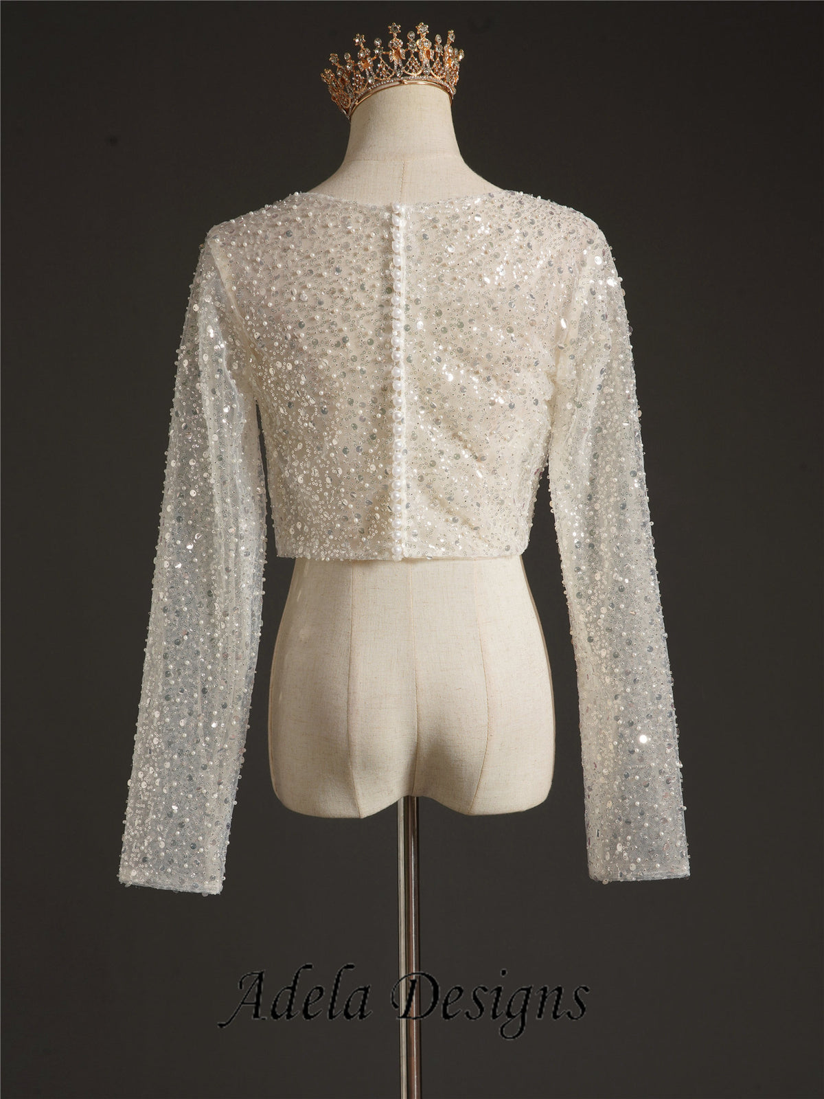 Sparkley Wedding or Bridal Top Bolero - Soft Illusion Ivory Tulle with Faux Pearl & Sequin Detail Long Sleeve Sheer