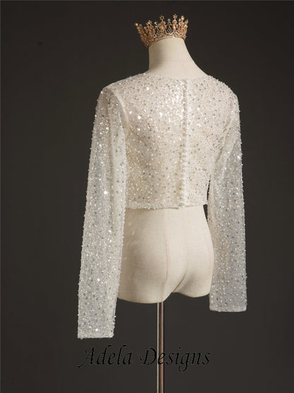 Sparkley Wedding or Bridal Top Bolero - Soft Illusion Ivory Tulle with Faux Pearl & Sequin Detail Long Sleeve Sheer