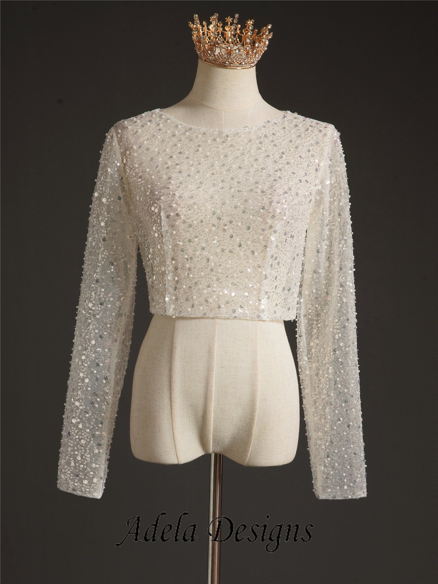 Sparkley Wedding or Bridal Top Bolero - Soft Illusion Ivory Tulle with Faux Pearl & Sequin Detail Long Sleeve Sheer