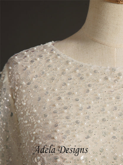 Sparkley Wedding or Bridal Top Bolero - Soft Illusion Ivory Tulle with Faux Pearl & Sequin Detail Long Sleeve Sheer