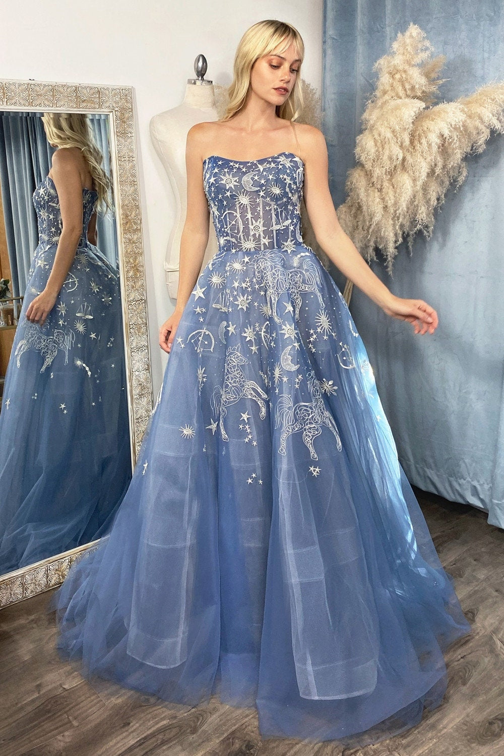 Constellation Dream Sweetheart Embroidered Tulle Ballgown Formal Dress Corset Lace Up Back Sleeveless Strapless Open Back Unique Design Star