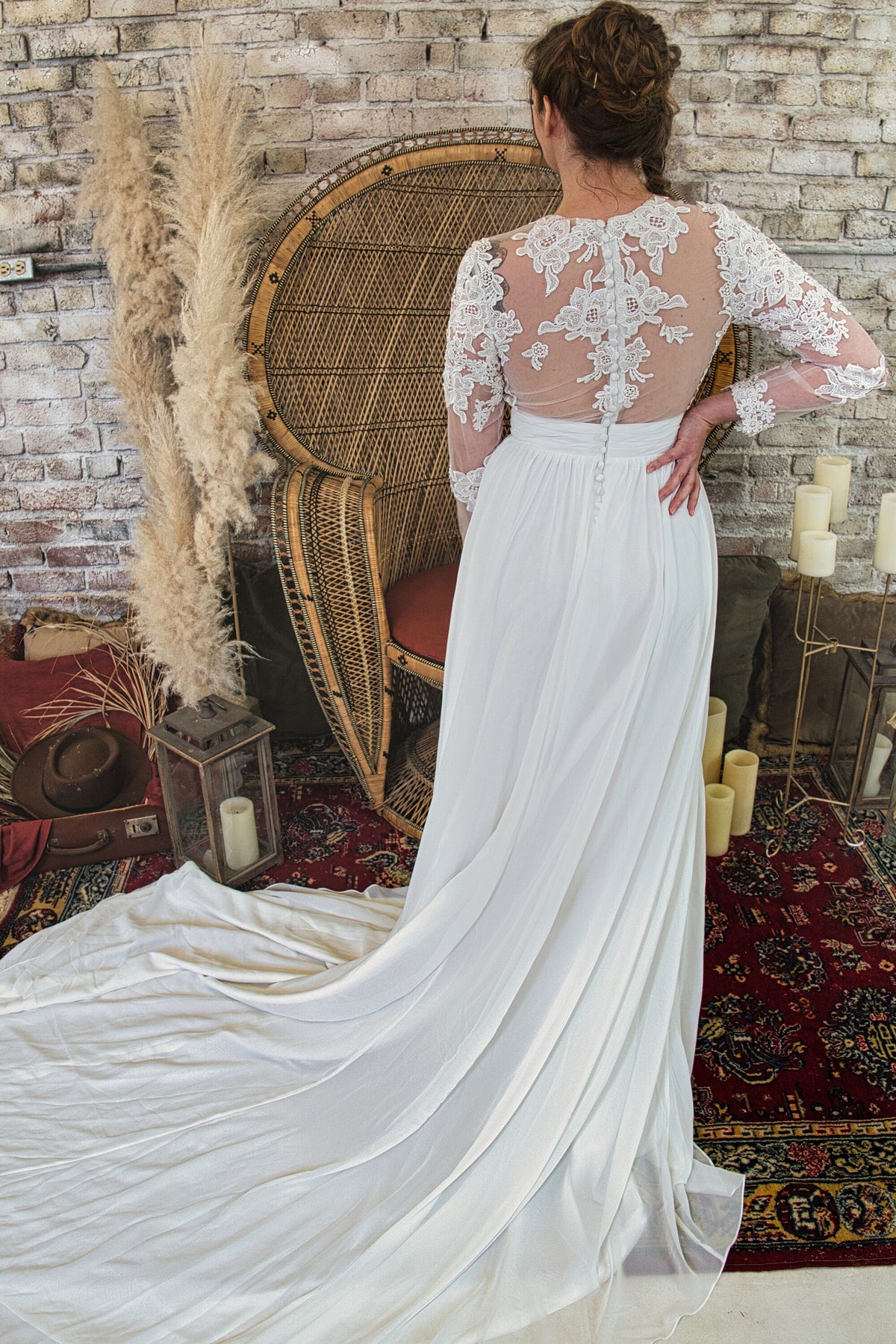 V-neck Chapel Train Long Illusion Sleeves Lace A Line Beach Wedding Dress Bridal Gown with Thigh Side Slit and Illusion Back Floral Sample
