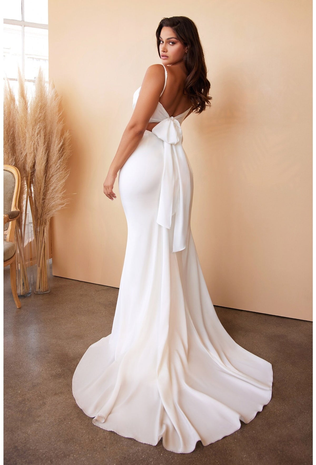 Cowl Satin Wedding Dress Bridal Gown with Tieing Open Bow Back Sleeveless with Straps and Train Off White Color