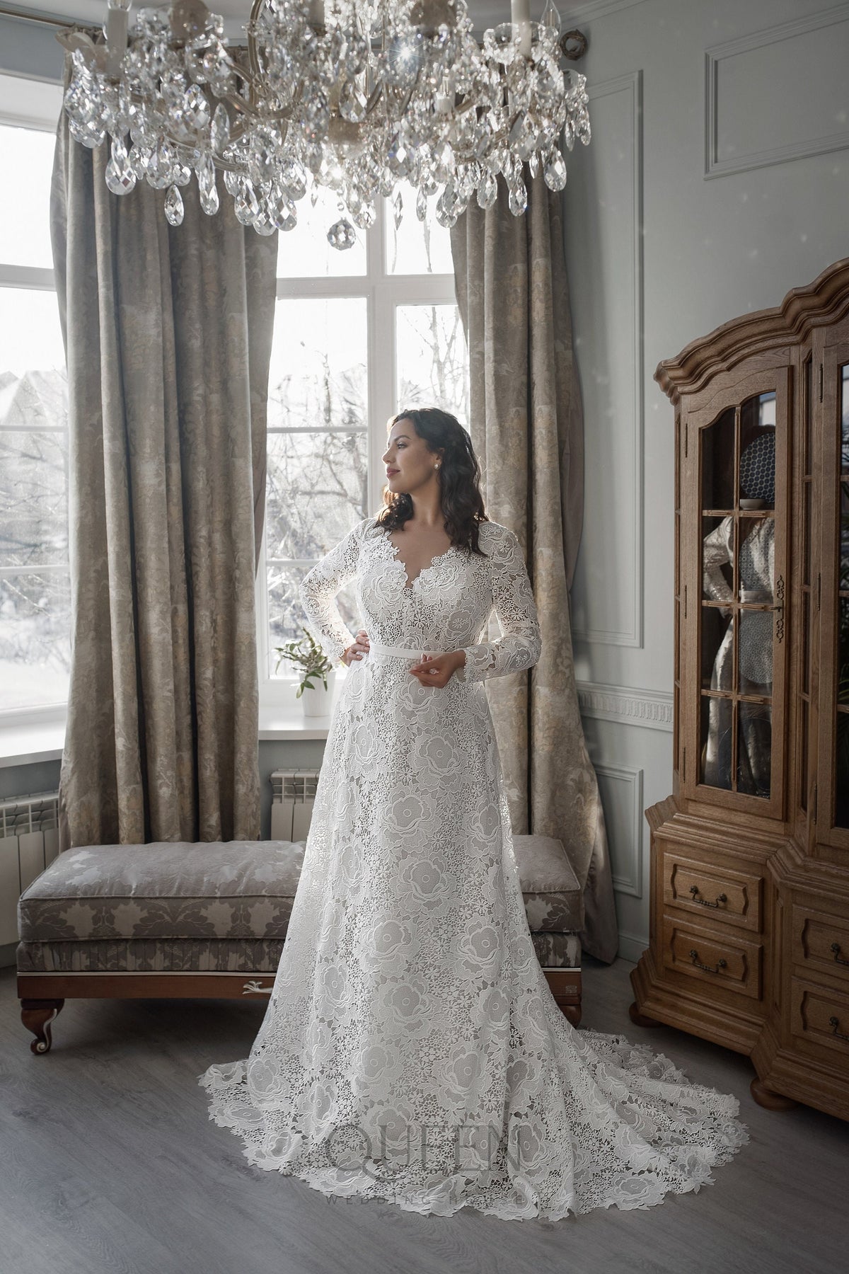 Beautiful ALine Long Sleeve All Over Lace Macrame Deep V Neckline Wedding Dress Bridal Gown with Lace Train and Corset Long Sleeve