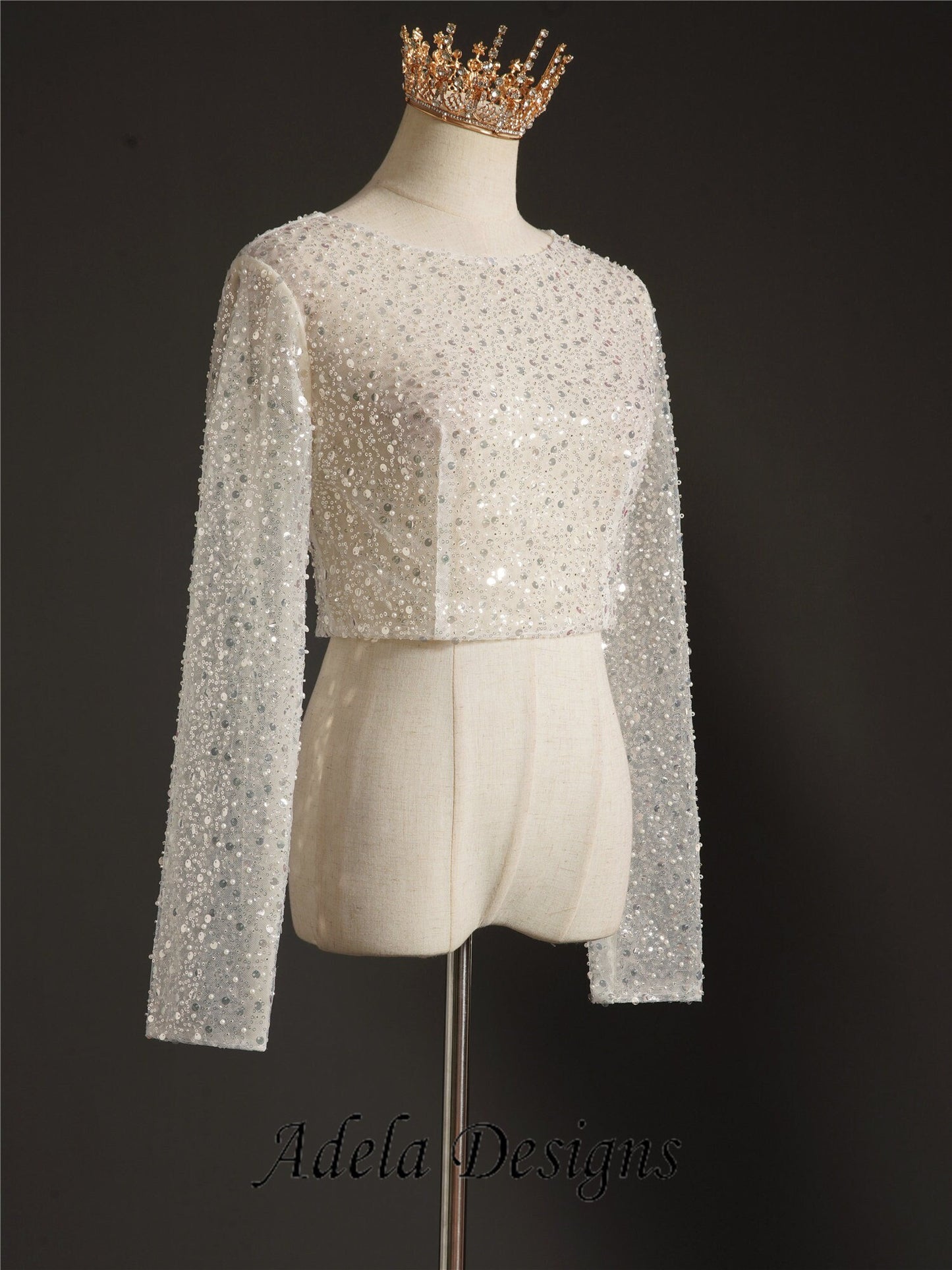 Sparkley Wedding or Bridal Top Bolero - Soft Illusion Ivory Tulle with Faux Pearl & Sequin Detail Long Sleeve Sheer