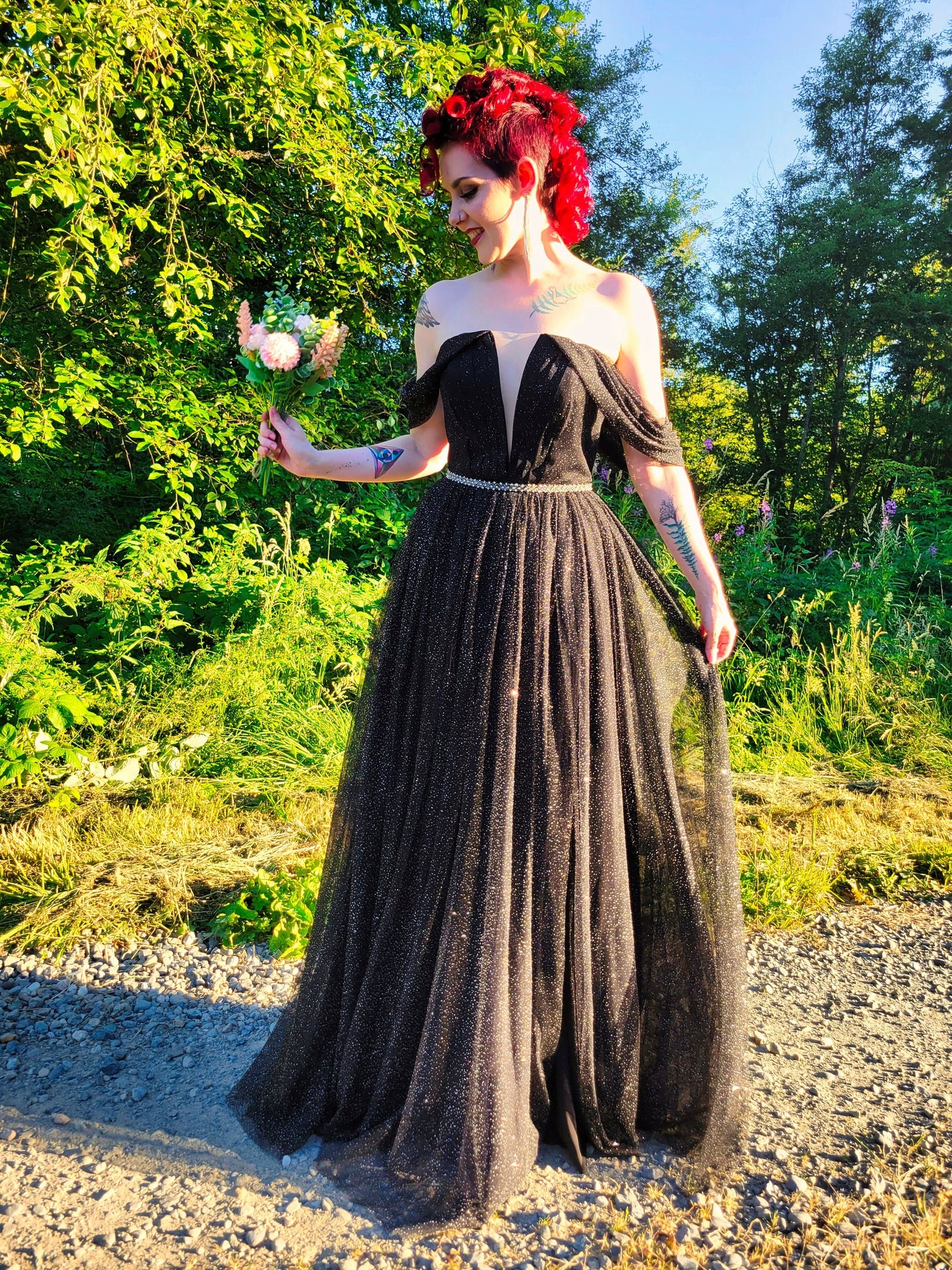 Black Red Sparkle Mermaid Gown Gothic Wedding Dress Bridal