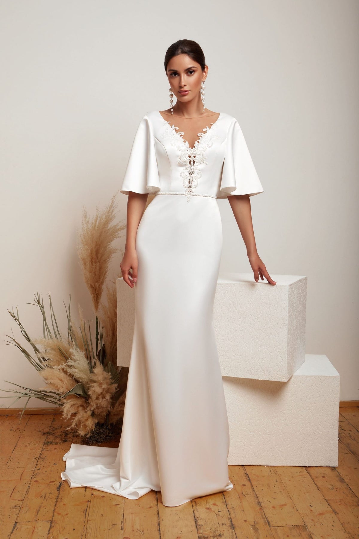 Classic Minimalist Short Flutter Sleeves Wedding Dress Bridal Gown Fit and Flare Sheath V Neckline Plunge Open Illusion Back Satin Train