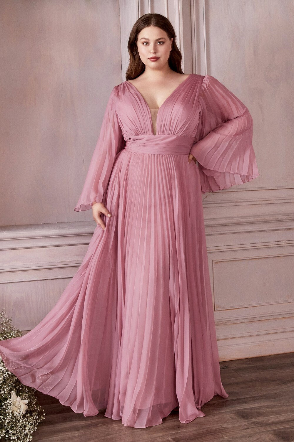 Beautiful Unique Jewel Tone Long Wide Sleeve Pleated Chiffon Aline Dress V Neckline Prom Formal Gown Bridesmaid Dress Open V Shape Back