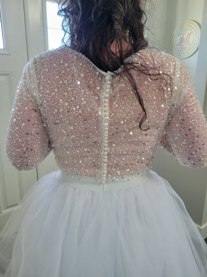 Sparkley Wedding or Bridal Top Bolero - Soft Illusion Ivory Tulle with Faux Pearl & Sequin Detail Long Sleeve Sheer