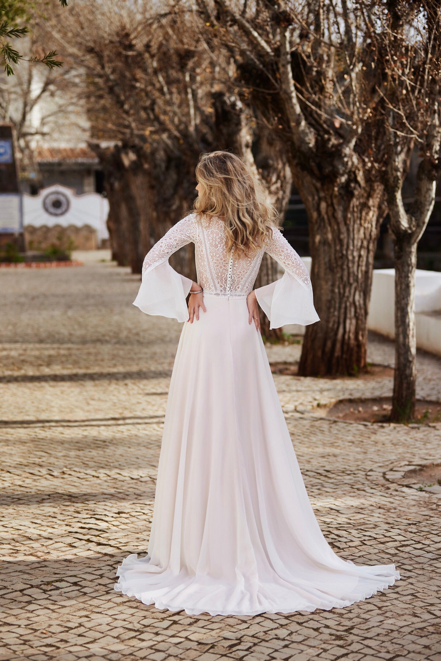 Beautiful Long Bell Sleeves ALine Dramatic Wedding Dress Bridal Gown Ivory Lace Covered Back Boho Chic Chiffon