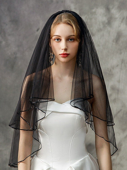 Unconventional Gothic Black Bridal Veils Soft Tulle Fingertip Wedding Veil Luxury Ribbon Edge 2 Tiers with Comb