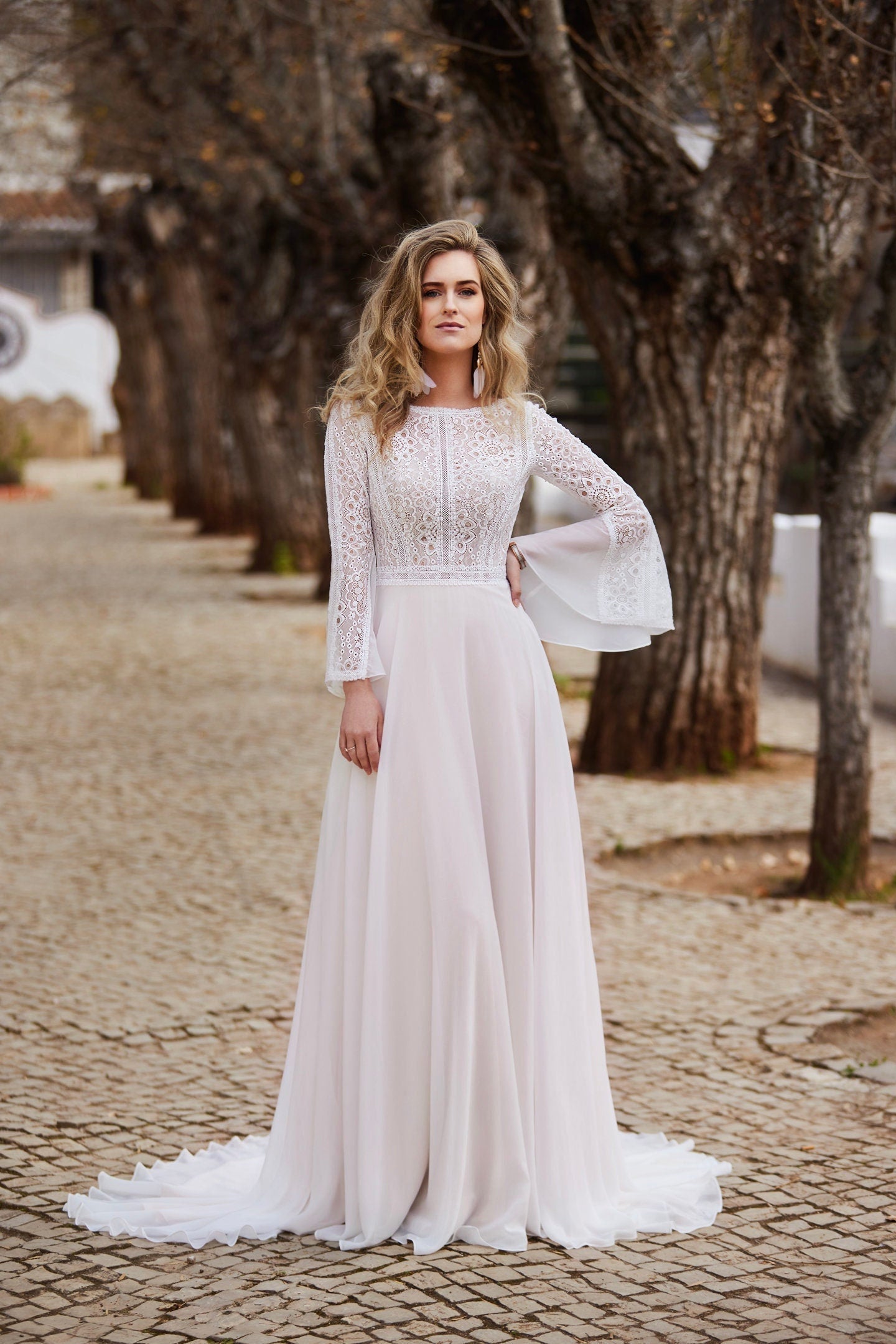 Beautiful Long Bell Sleeves ALine Dramatic Wedding Dress Bridal Gown Ivory Lace Covered Back Boho Chic Chiffon