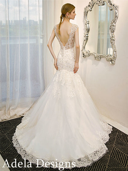 Beaded V Neck Lace Wedding Dress Bridal Gown Mermaid Trumpet with Low Open Back Cap Sleeves