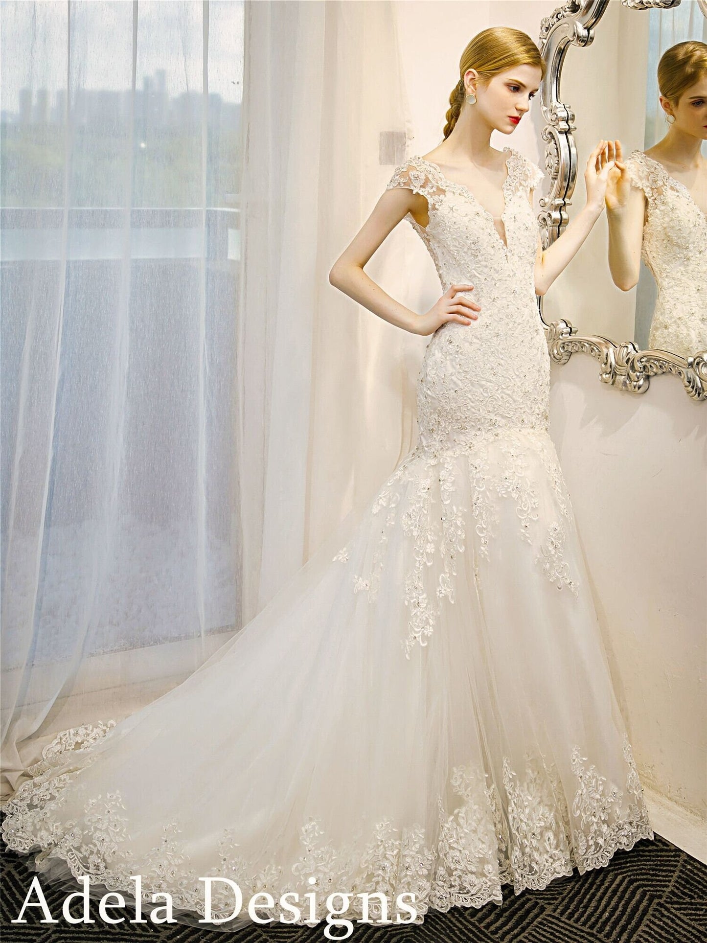 Beaded V Neck Lace Wedding Dress Bridal Gown Mermaid Trumpet with Low Open Back Cap Sleeves