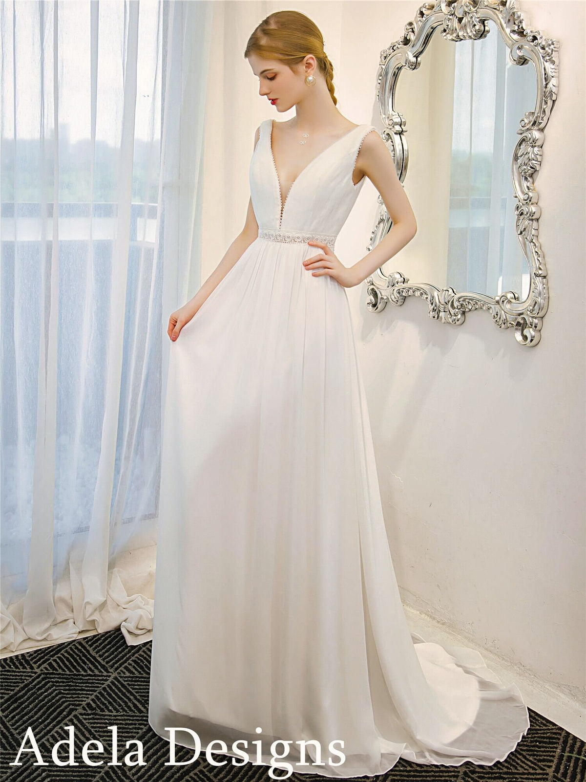 A-Line Simple Boho Chiffon Sleeveless Deep V Neckline Open Back Goddess Style Wedding Dress Bridal Gown