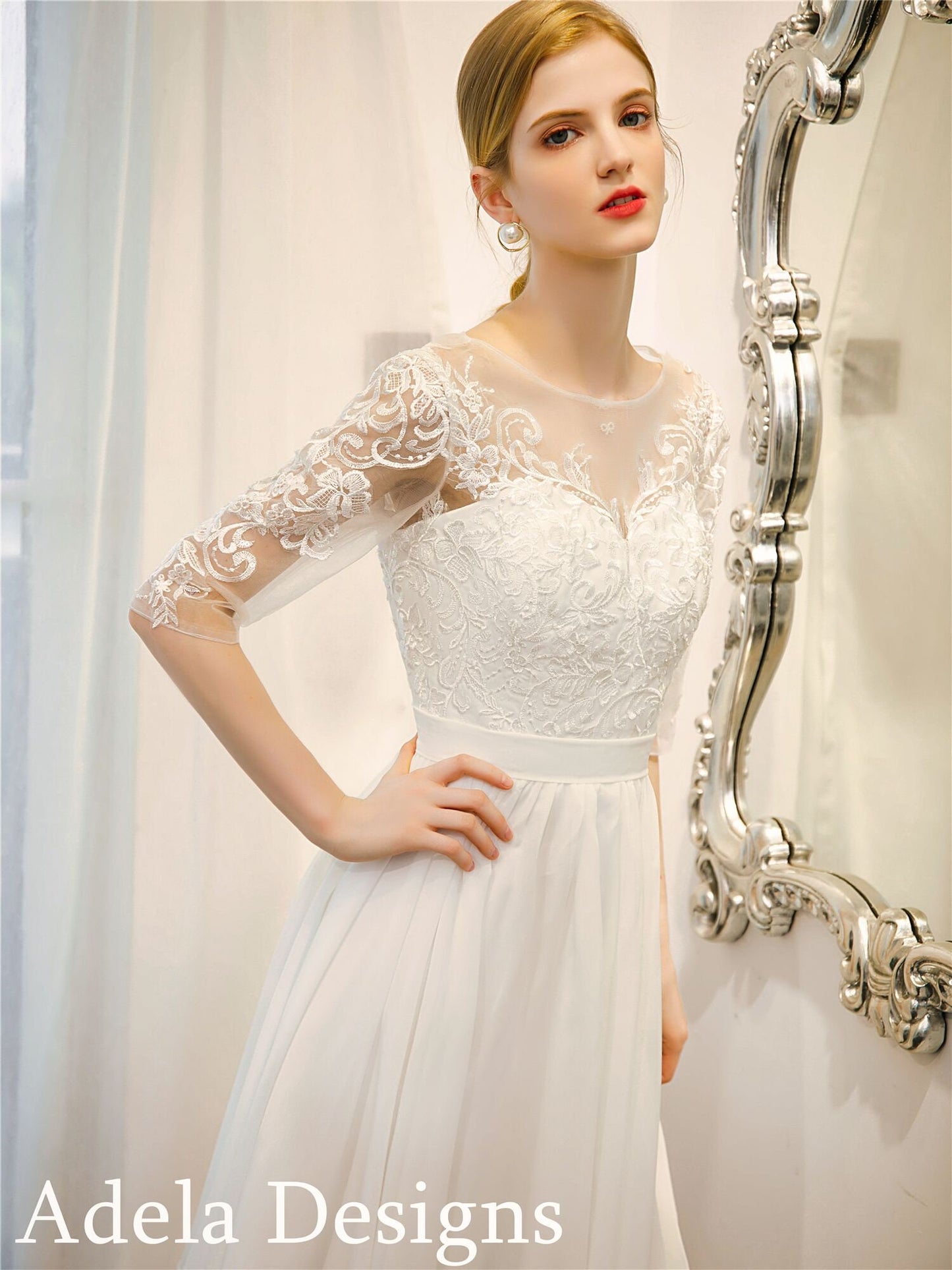 Vintage Style Knee Length Chiffon Short 3/4 Sleeves Wedding Dress Bridal Gown Classic Lace Reception Dress Formal Bridal Shower