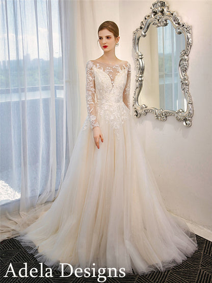 Classic Floral Lace Tulle A-Line Wedding Dress Bridal Gown Long Illusion Lace Sleeves Illusion Open Back Buttons and Train