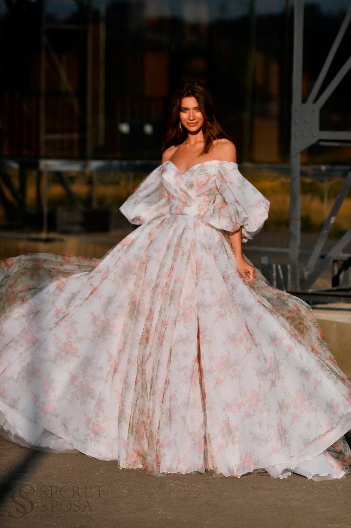 Floral Print ALine Off the Shoulder Long Sleeve Sweetheart Neckline Open Back Wedding Dress Bridal Gown Side Thigh Slit with Train