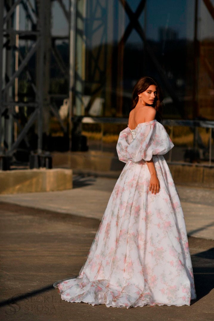 Floral Print ALine Off the Shoulder Long Sleeve Sweetheart Neckline Open Back Wedding Dress Bridal Gown Side Thigh Slit with Train