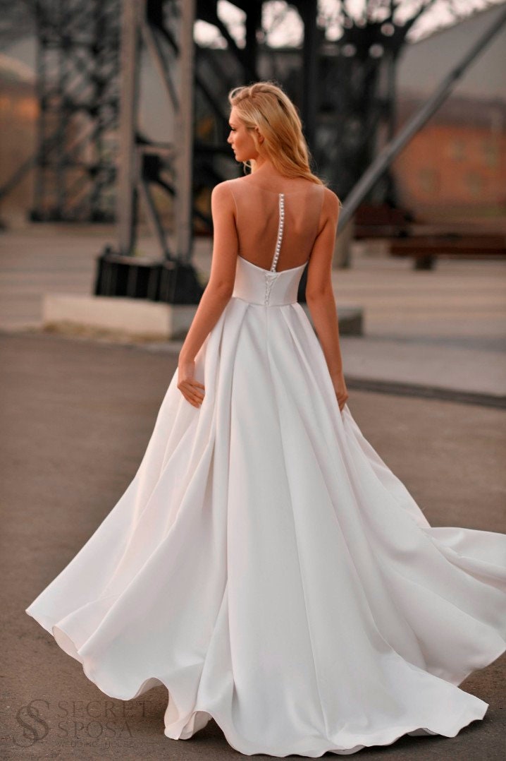 Simple Minimalist Sleeveless Aline Illusion Top Sweetheart Neckline Side Slit Wedding Dress Bridal Gown Button Back Elegant Satin Sparkle