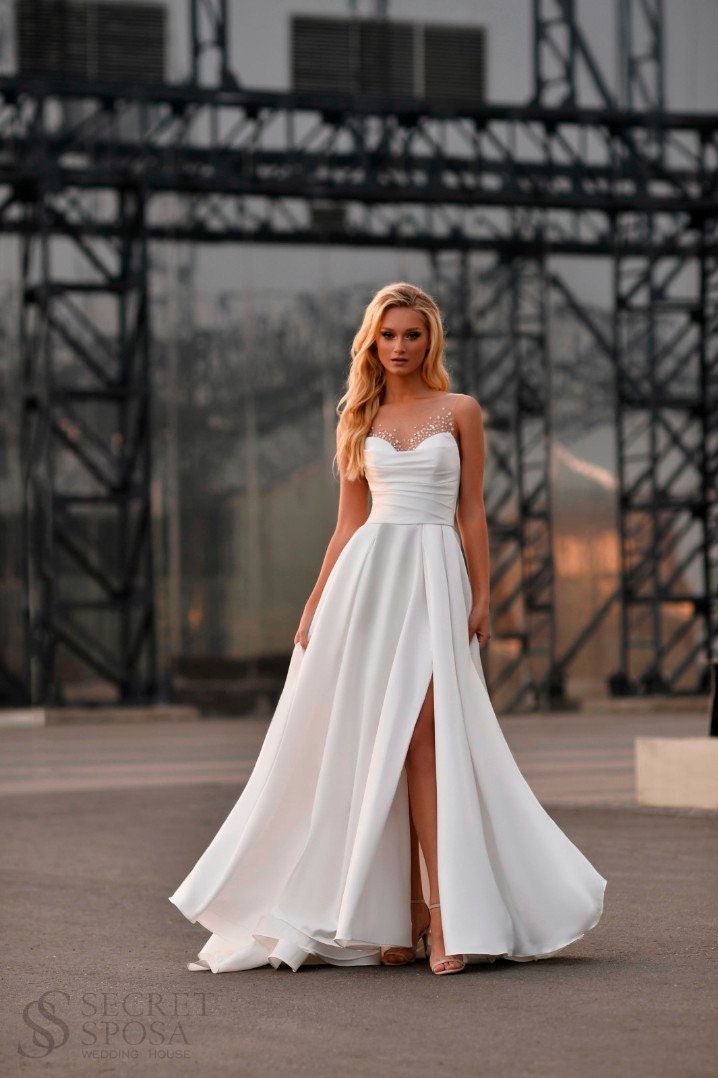 Simple Minimalist Sleeveless Aline Illusion Top Sweetheart Neckline Side Slit Wedding Dress Bridal Gown Button Back Elegant Satin Sparkle