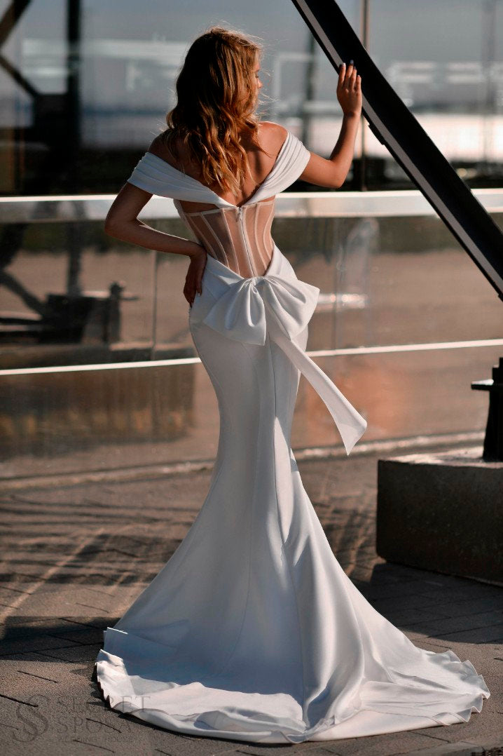 Bold Satin Wedding Dress Bridal Gown Seductive Bridal Look Fitted Fit and Flare Mermaid Off The Shoulder Sexy Design Bow and Train