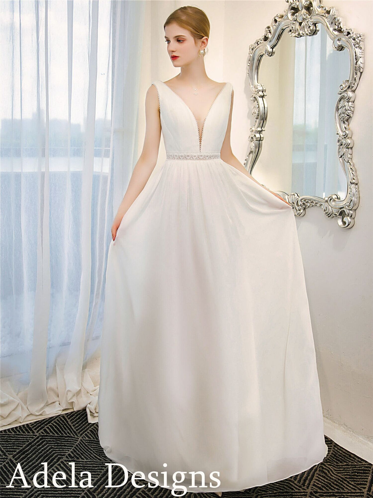 A-Line Simple Boho Chiffon Sleeveless Deep V Neckline Open Back Goddess Style Wedding Dress Bridal Gown