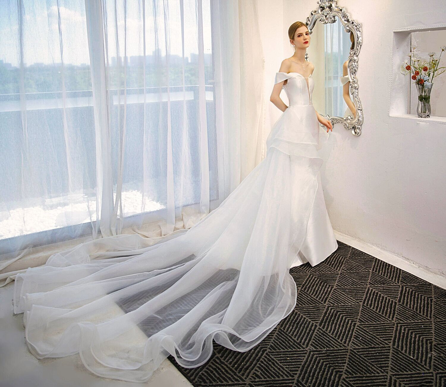 mikado fit and flare wedding dress Satin fit and flare wedding dress with a slit