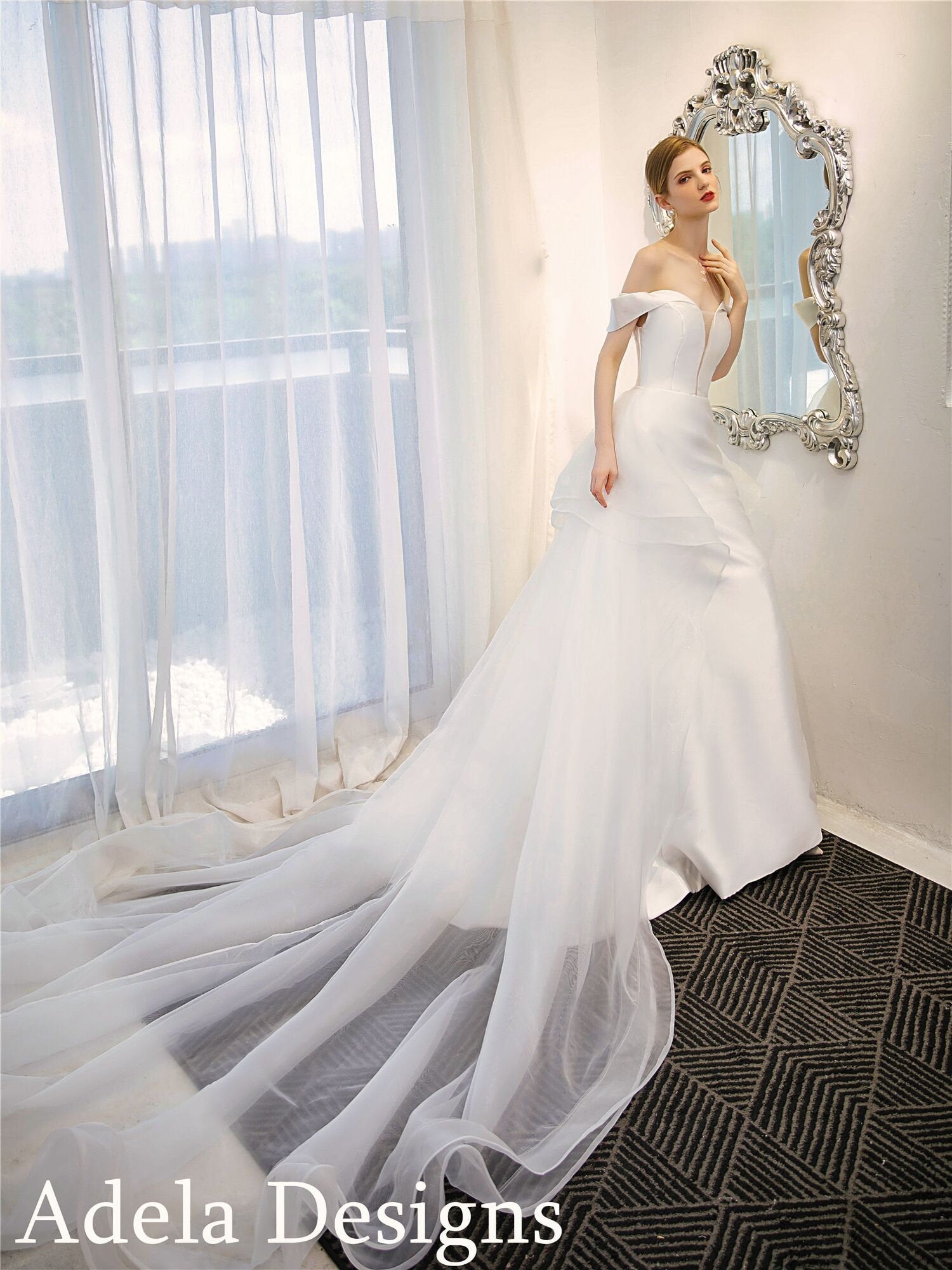 mikado fit and flare wedding dress Kacie Off-Shoulder Satin Wedding Dress