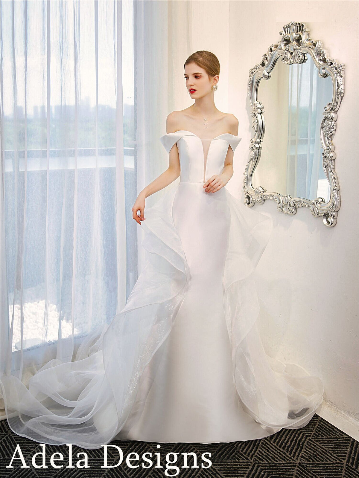 Mikado Fit And Flare Sleeveless Off The Shoulder Simple Bridal Gown Wedding Dress Detachable Train Open Back Buttons Plus Size Sexy Neckline
