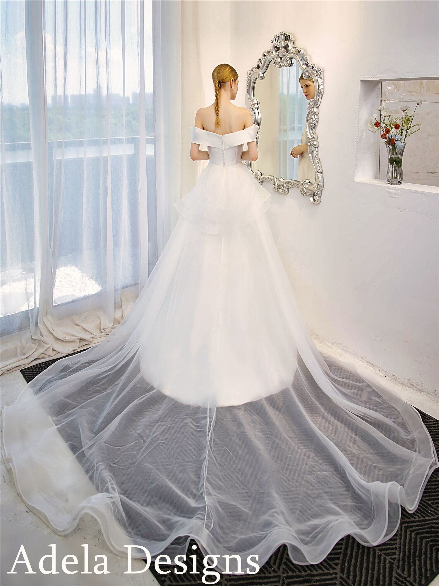 mikado fit and flare wedding dress Kacie Off-Shoulder Satin Wedding Dress