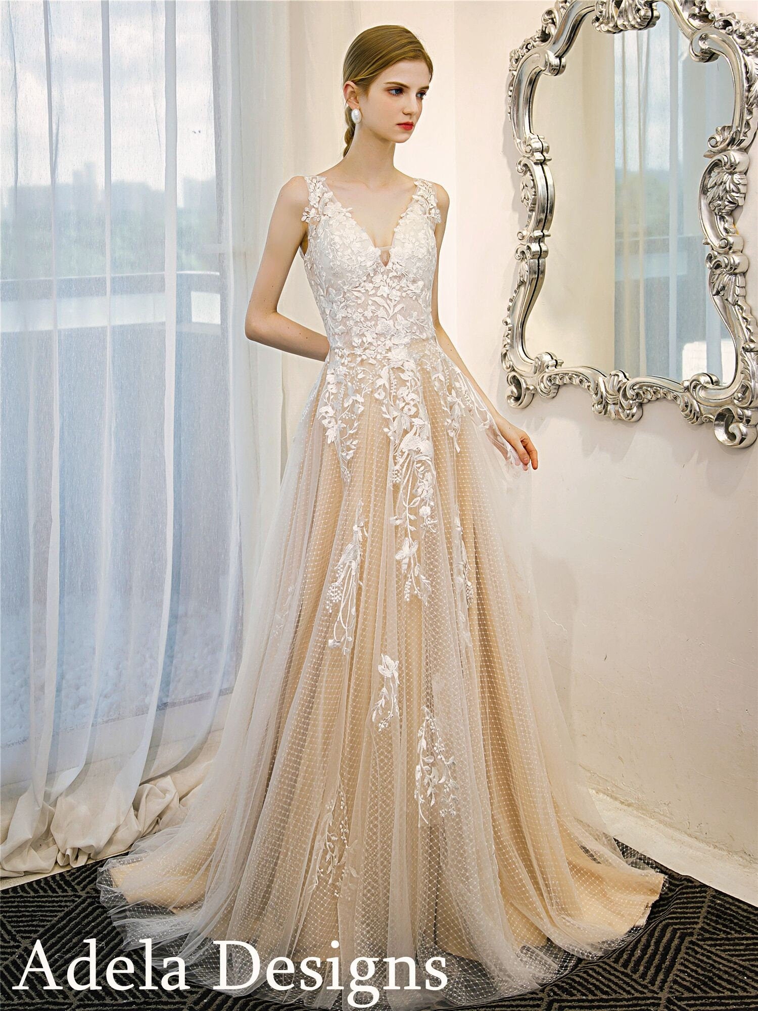 Kodi Ivory Champagne Boho Wedding Dress | Lace A-Line Bridal Gown by Adela Designs A & M Enterprises Bridal Kodi Ivory Champagne Boho Wedding Dress | Lace A-Line Bridal Gown by Adela Designs A & M Enterprises Bridal