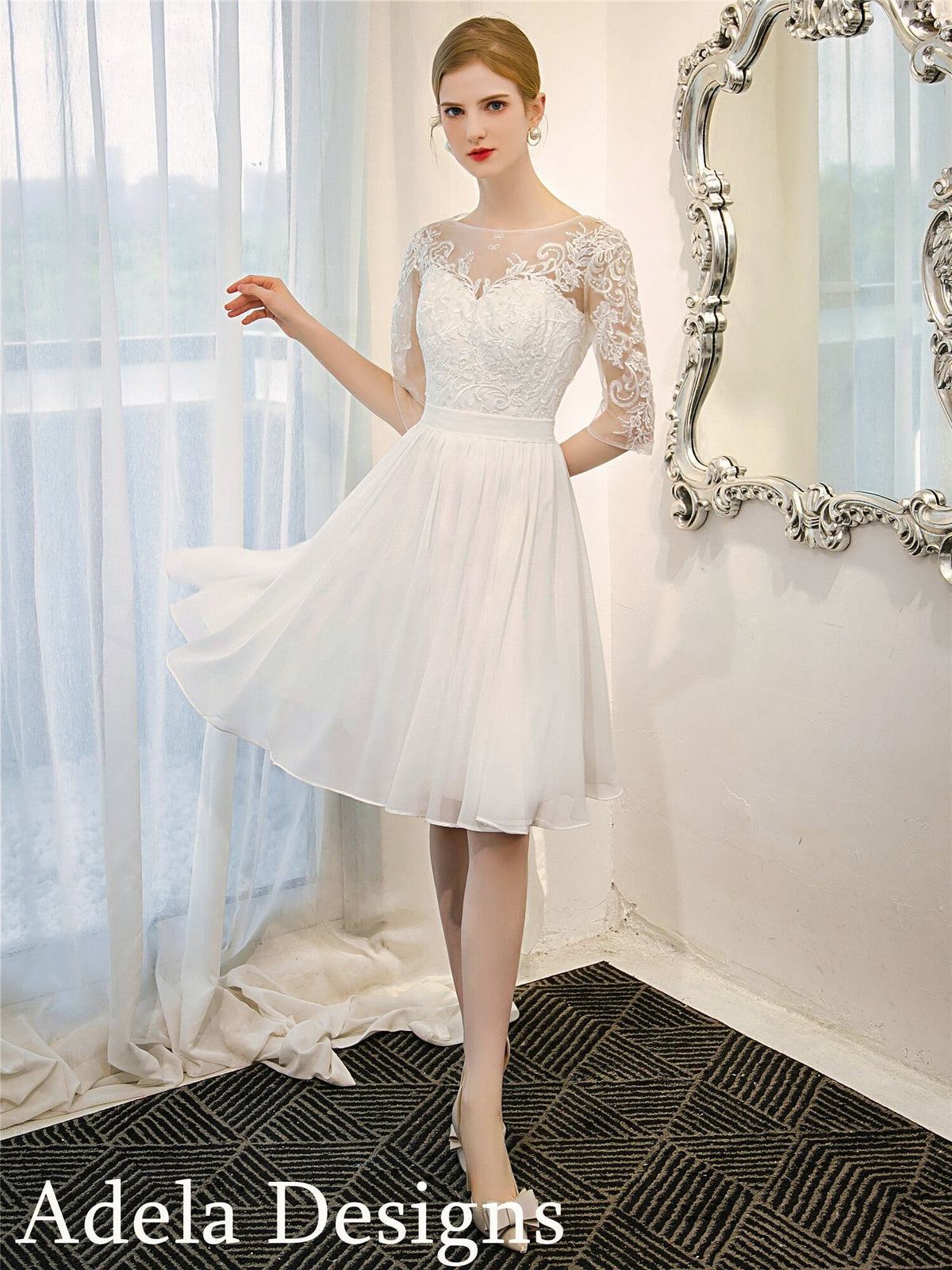 Vintage Style Knee Length Chiffon Short 3/4 Sleeves Wedding Dress Bridal Gown Classic Lace Reception Dress Formal Bridal Shower