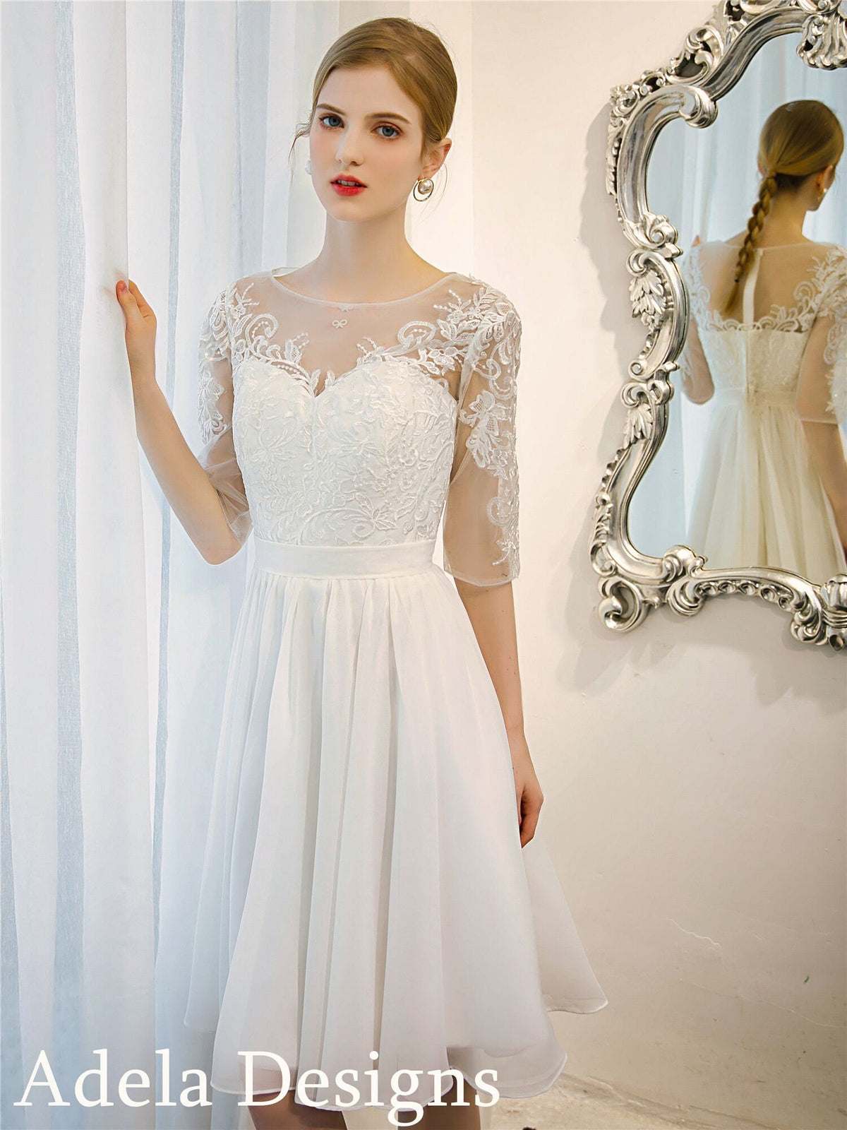 Vintage Style Knee Length Chiffon Short 3/4 Sleeves Wedding Dress Bridal Gown Classic Lace Reception Dress Formal Bridal Shower