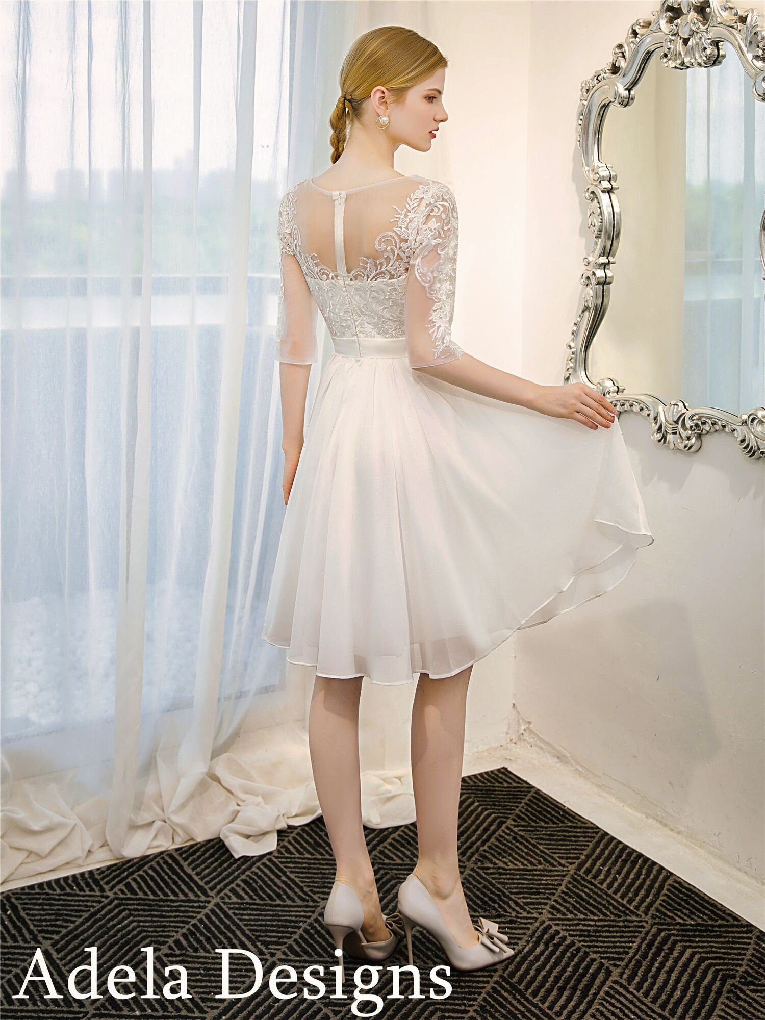 Alice Short Lace Wedding Dress | Vintage Chiffon Bridal Gown by Adela Designs A & M Enterprises Bridal Alice Short Lace Wedding Dress | Vintage Chiffon Bridal Gown by Adela Designs A & M Enterprises Bridal