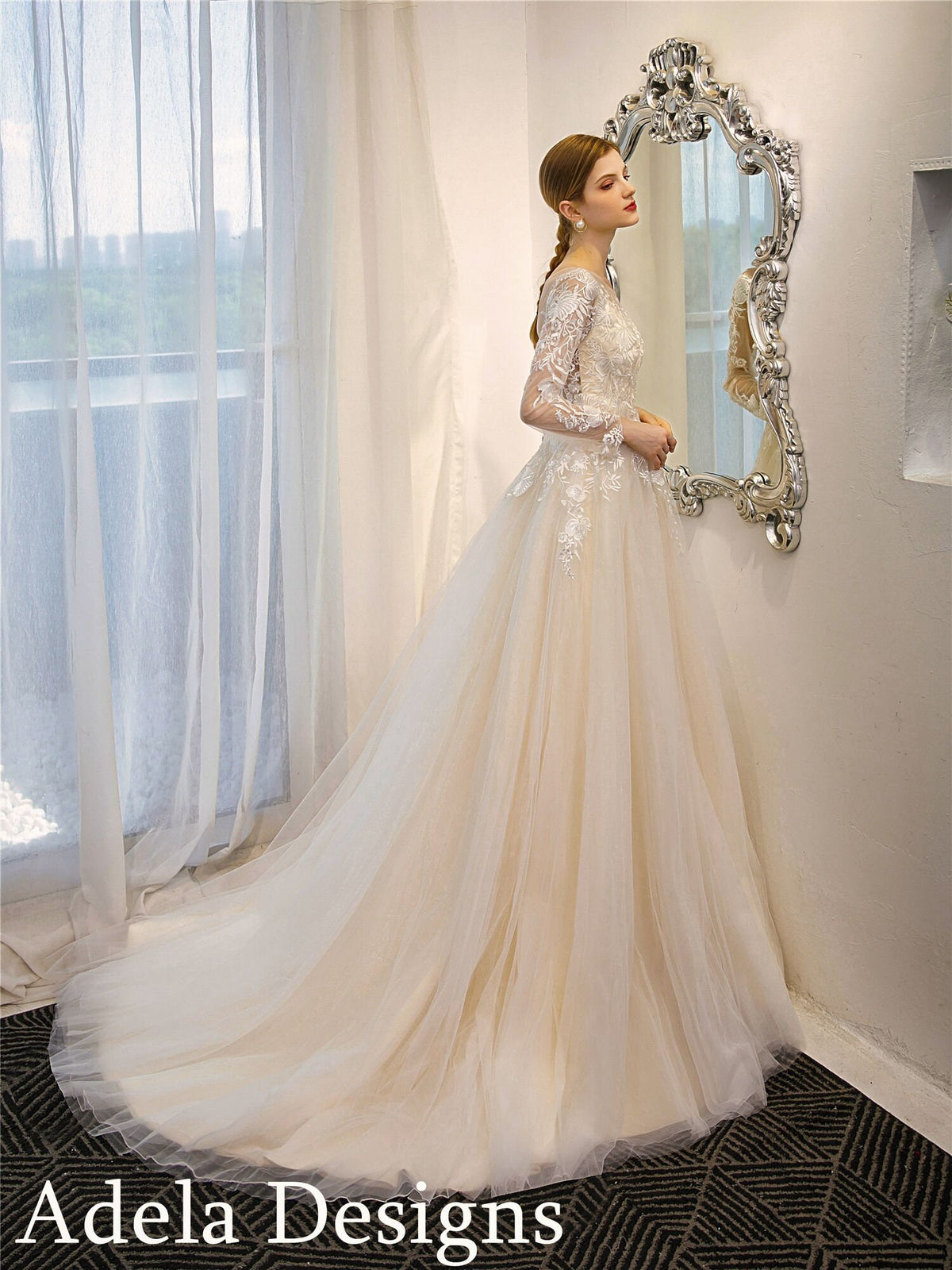 Classic Floral Lace Tulle A-Line Wedding Dress Bridal Gown Long Illusion Lace Sleeves Illusion Open Back Buttons and Train