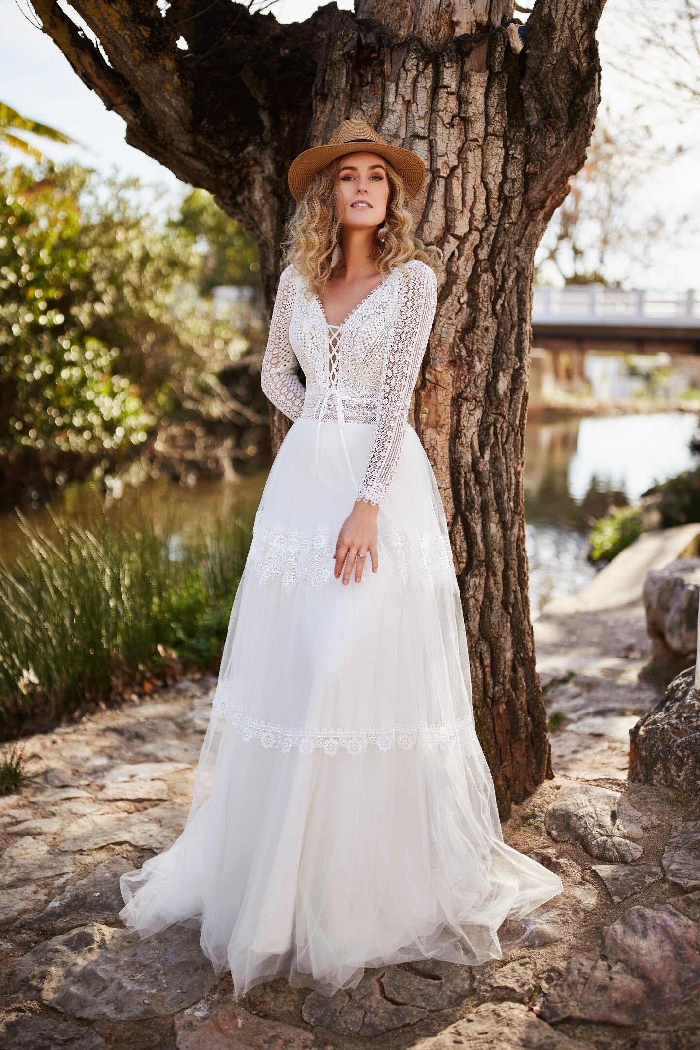 bohemian lace wedding dress Boho Deep V-Neck Bell Sleeves A-Line Zinnia is for the dreamer bride Sylvette Boho Lace A-Line