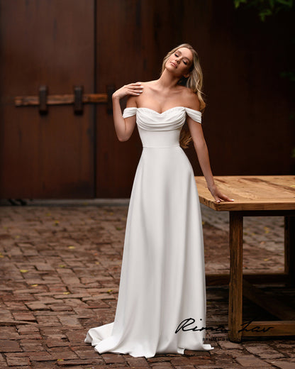 Beautiful Minimalist Off The Shoulder Sweetheart Neckline Cowl Wedding Dress Bridal Gowns Plus Size Short Train Unique Simple Classic Design