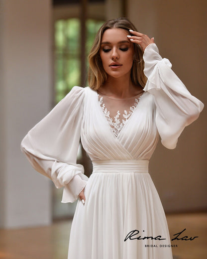 Beautiful Minimalist Long Sleeve Illusion V Neckline Chiffon Wedding Dress Bridal Gowns Plus Size Short Train Simple Classic Design